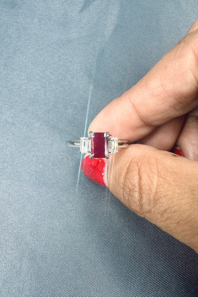 Three Stone Natural Ruby Emerald Cut 7x5MM with 0.50 Carat Emerald Cut Side Diamonds