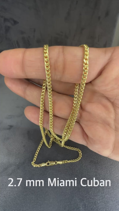 Solid 14K Yellow Gold 2.7 mm, 4 mm Miami Cuban Link Chain Necklace 16"-26"
