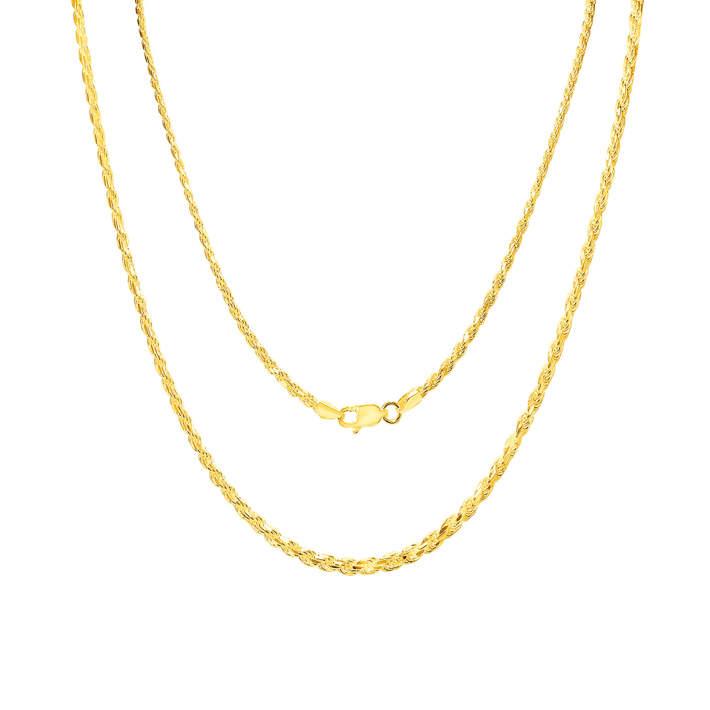 Solid 14K Yellow Gold 2 mm-4 mm Diamond-Cut Rope Chain Necklace 16"-26"
