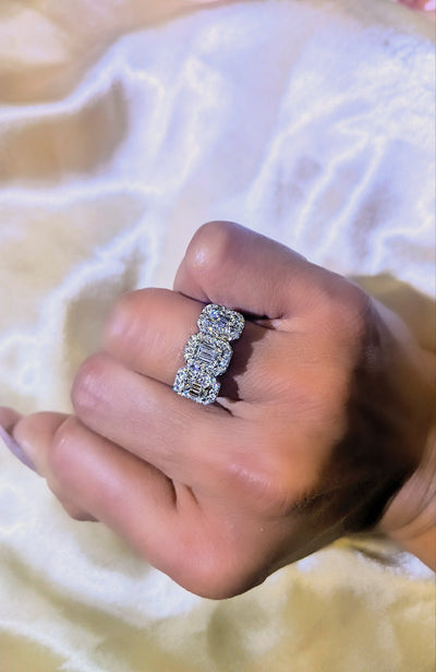 2.25 Carat Three Stone Halo Design Emerald Cut Engagement Ring
