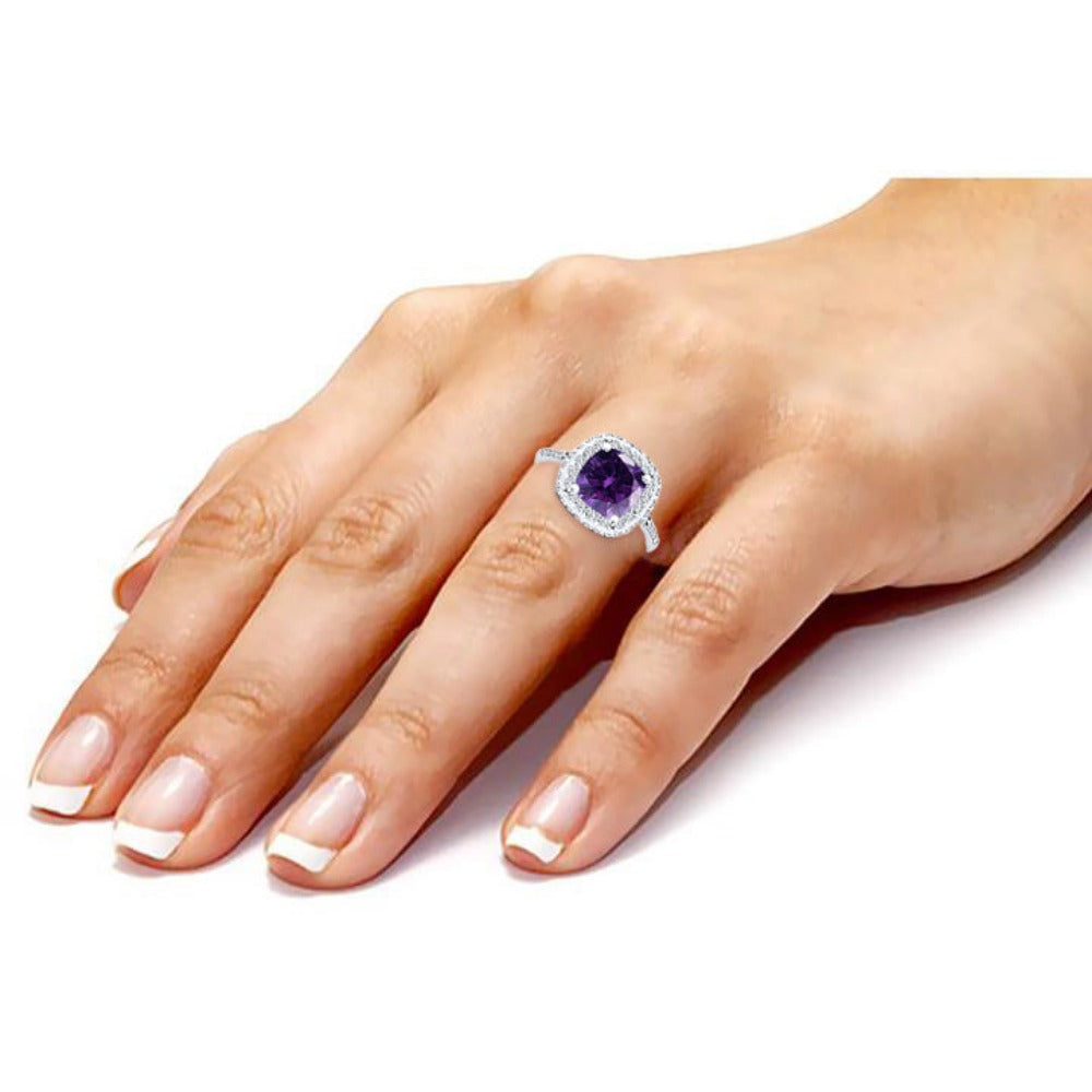 7x7MM Natural Amethyst Cushion Cut Center Stone with Double Halo 0.75 Ct. Tw. Diamond Ring