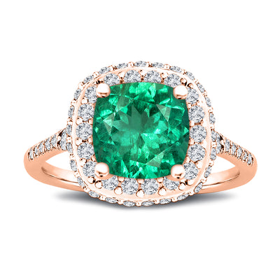 7x7MM Cushion Cut Natural Green Emerald Center Stone with Double Halo 0.75 Ct. Tw. Diamond Ring
