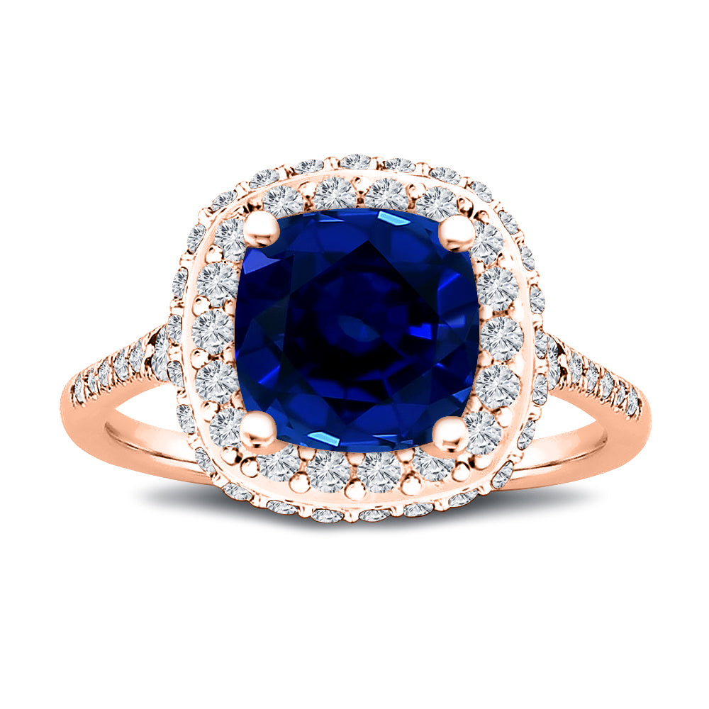7x7MM 2.00 Ct. Tw.Cushion Cut Natural Blue Sapphire Center Stone with Double Halo 0.75 Ct. Tw. Diamond Ring