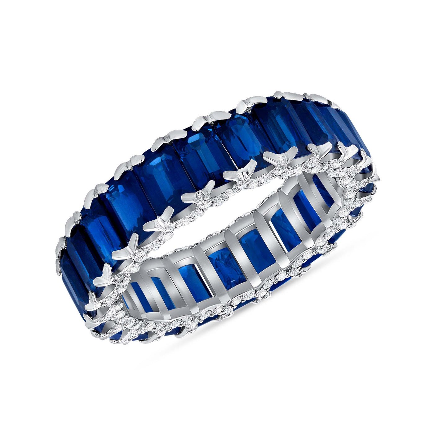 6.00 Ct. Tw. Emerald Cut Natural Blue Sapphire with 0.50 Ct. Tw. Round Diamonds Eternity Ring