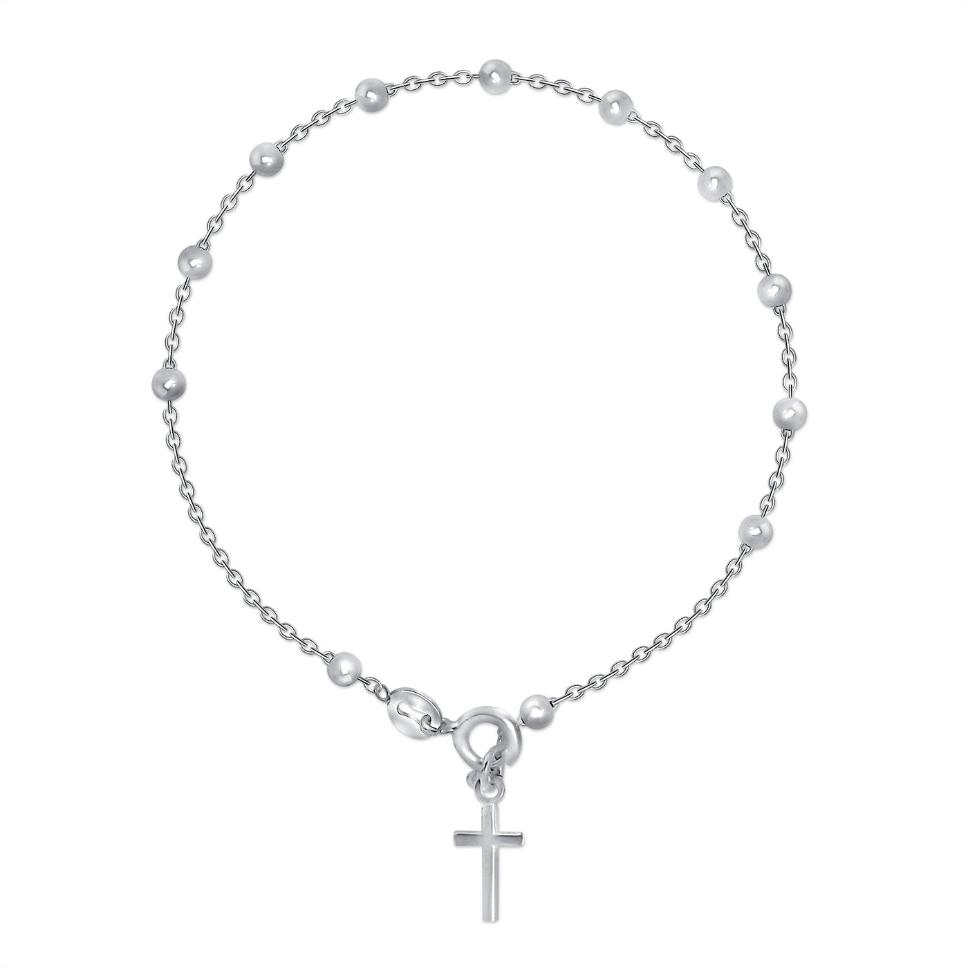 Italian Sterling Silver 3mm Round Bead Rosary Cross Bracelet