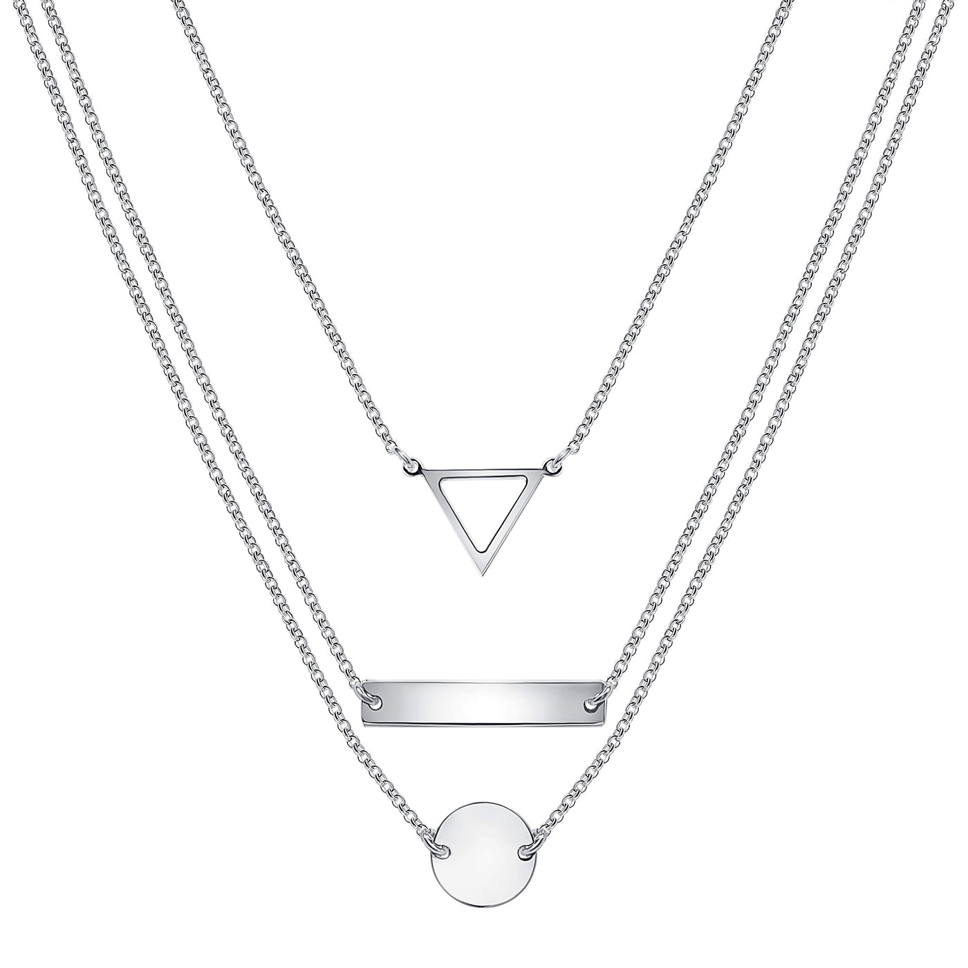 Italian Sterling Silver 3 Layered Triangle Engravable Bar & Circle Necklace