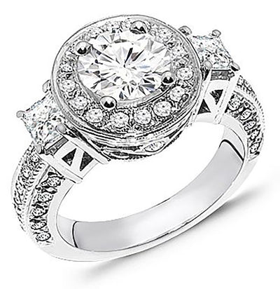 2.25 Carat Brilliant Round Halo Diamond Three Stone Inspired Engagement Ring