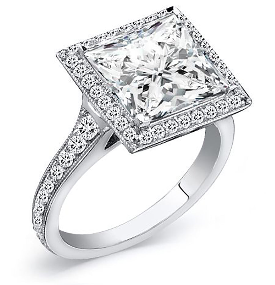 1.75 Carat Princess Cut Diamond Halo with Milgrain Engagement Ring