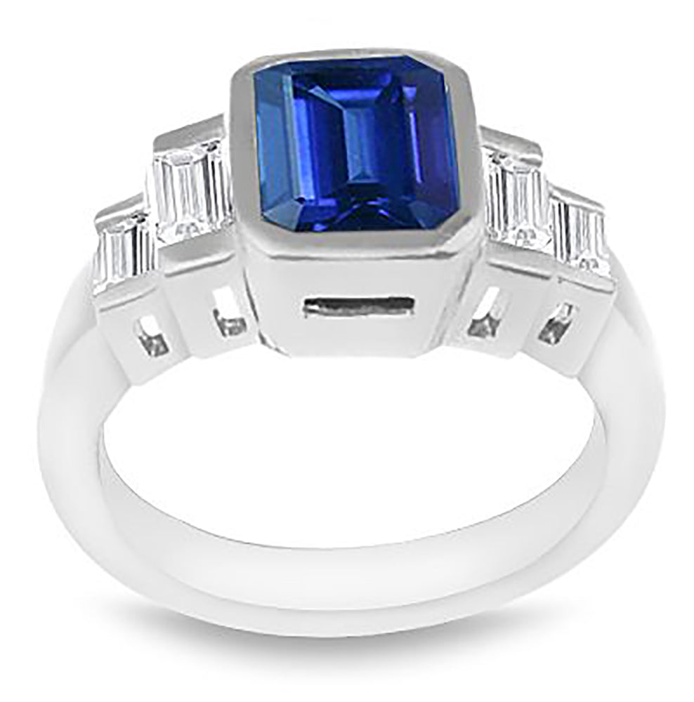 2.00 Ct. Tw. Emerald Cut Natural Blue Sapphire with 0.50 Ct. Tw. Diamond Ring