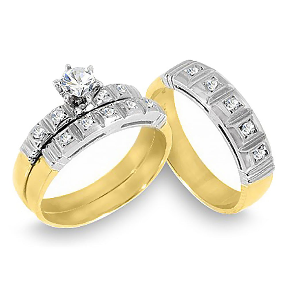 Lovable 3-Piece Two Tone 14K Gold His & Hers 0.55 Ct. Tw. Brilliant Round Cut Diamond Engagement Wedding Band