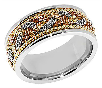 Tri-Color Rope 8MM Hand Braided Solid Gold Wedding Band