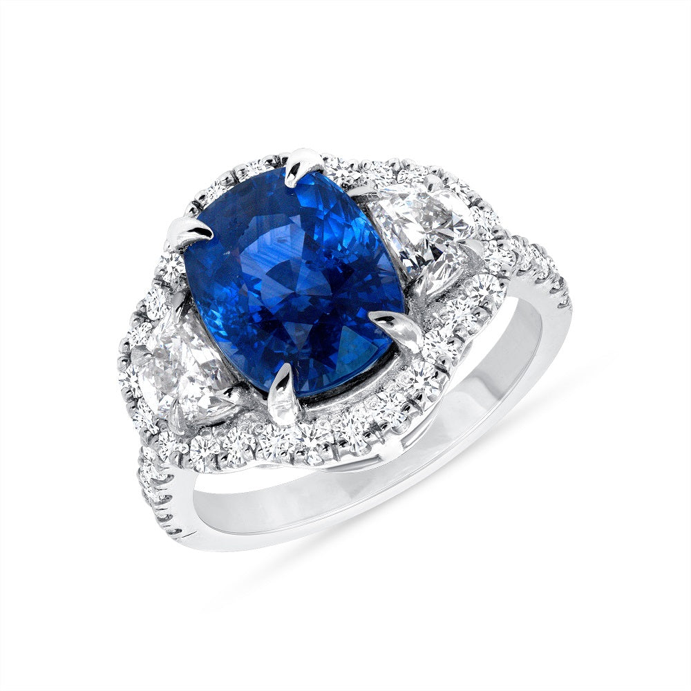Halo Design Oval Cut Natural Blue Sapphire with Half Moon and Round Cut Side Diamond Ring