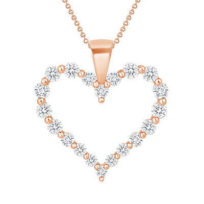 Shared Prong 0.85 Carat Diamond Heart Pendant in Yellow, Rose and White Gold 16" Chain