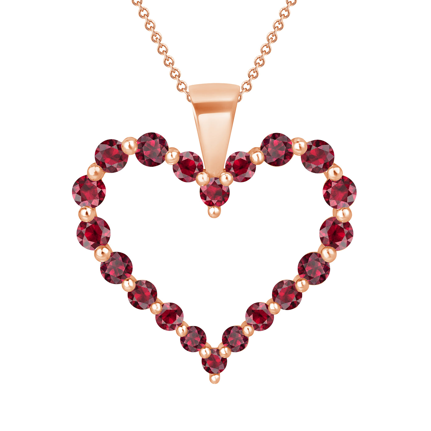 Ruby Shared Prong 0.80 Carat Heart Pendant in Yellow, Rose and White Gold 16" Chain
