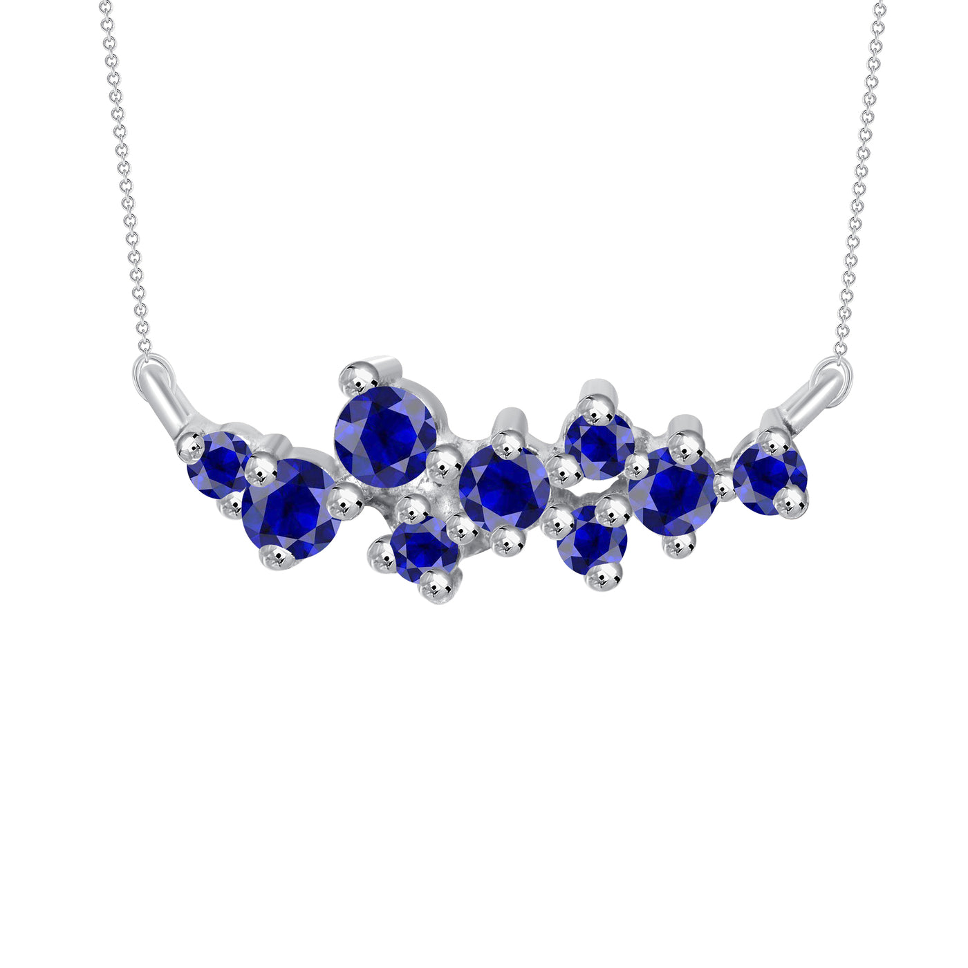 0.25 Carat Brilliant Round Cluster Blue Sapphire Necklace 14K Gold 16" Rolo Chain