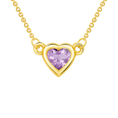 Bezel Set 0.25 Carat Amethyst Heart Shape Solitaire Pendant in Yellow, White, or Rose Gold with 16" Rolo Chain