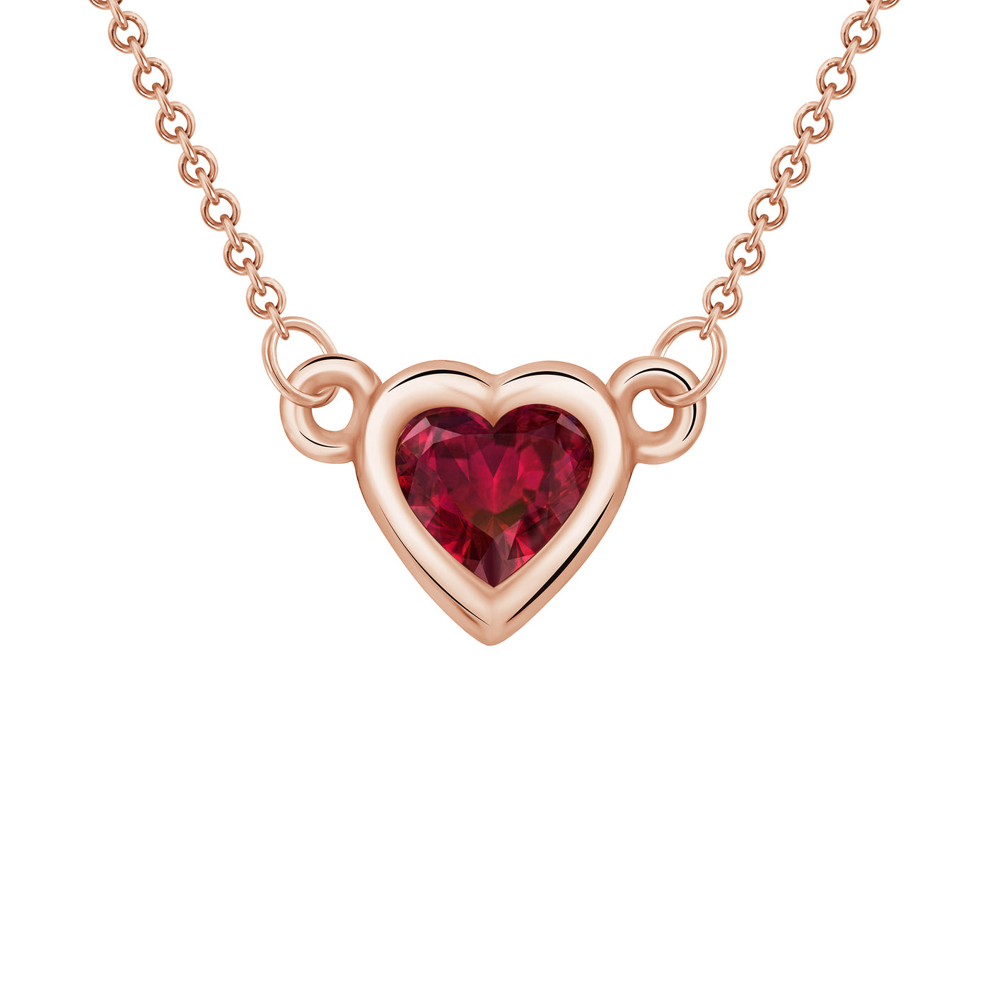 Bezel Set 0.25 Carat Ruby Heart Shape Solitaire Pendant in Yellow, White, or Rose Gold with 16" Rolo Chain