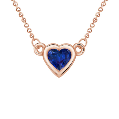 Bezel Set 0.25 Carat Blue Sapphire Heart Shape Solitaire Pendant in Yellow, White, or Rose Gold with 16" Rolo Chain