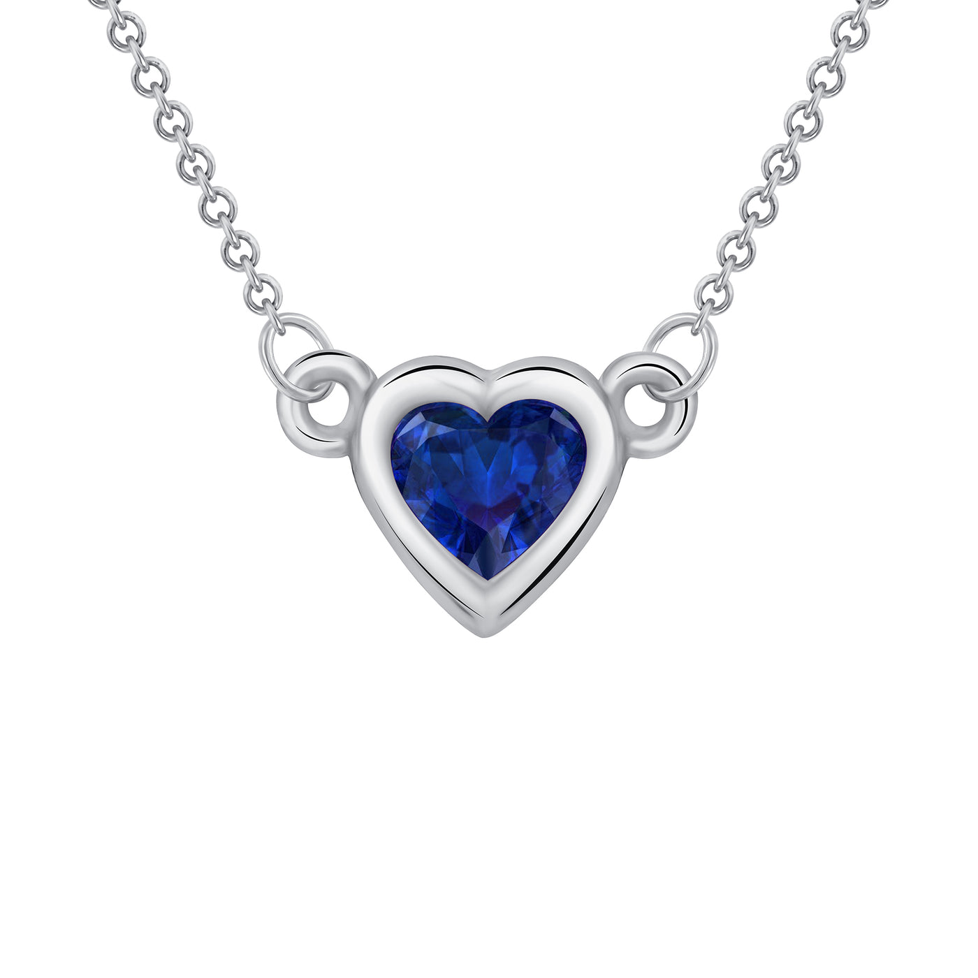 Bezel Set 0.25 Carat Blue Sapphire Heart Shape Solitaire Pendant in Yellow, White, or Rose Gold with 16" Rolo Chain