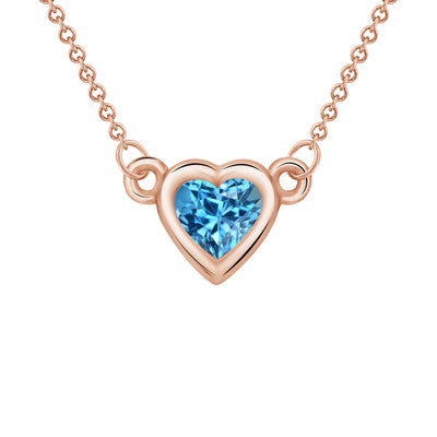 Bezel Set 0.25 Carat Blue Topaz Heart Shape Solitaire Pendant in Yellow, White, or Rose Gold with 16" Rolo Chain