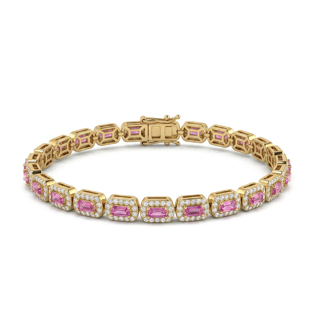 14k Yellow Gold 4.15 Carat Natural Pink Sapphire Gemstone & Diamond Tennis Bracelet 7" Long