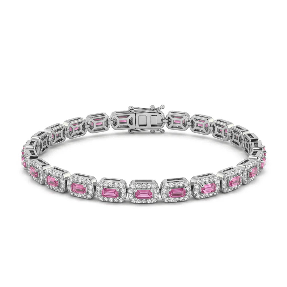 14k Yellow Gold 4.15 Carat Natural Pink Sapphire Gemstone & Diamond Tennis Bracelet 7" Long