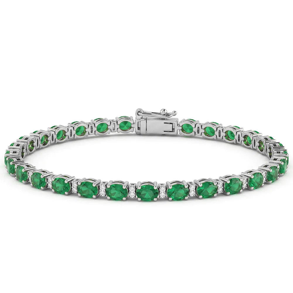 14kt White Gold 5.37 Carat Natural Emerald Gemstone & Diamond Tennis Bracelet 7" Long