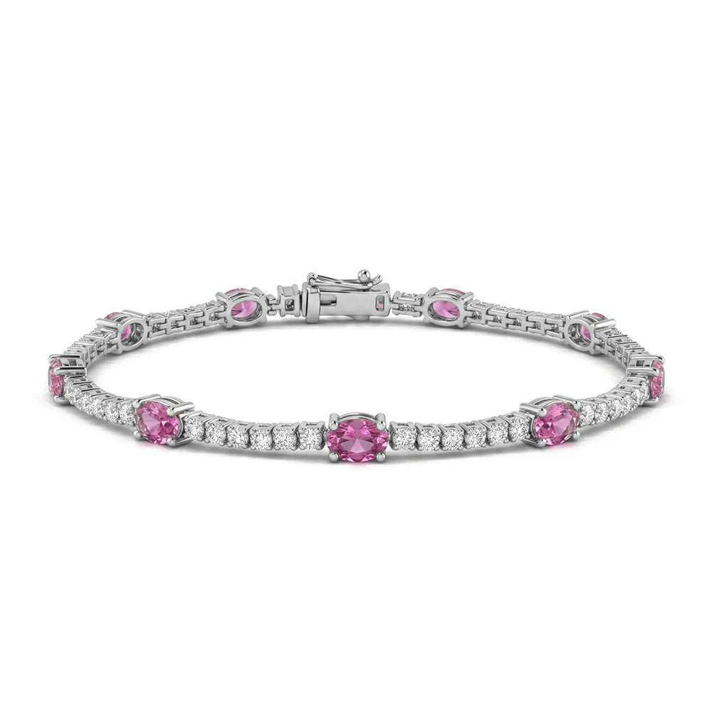 14k White Gold 3.19 Carat Natural Pink Sapphire Gemstone & Diamond Tennis Bracelet 7" Long