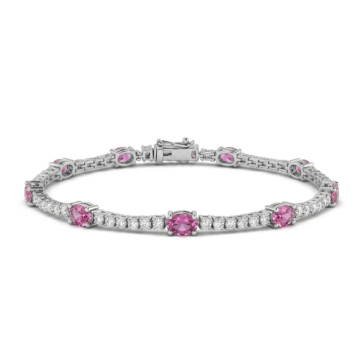 14k White Gold 3.19 Carat Natural Pink Sapphire Gemstone & Diamond Tennis Bracelet 7" Long