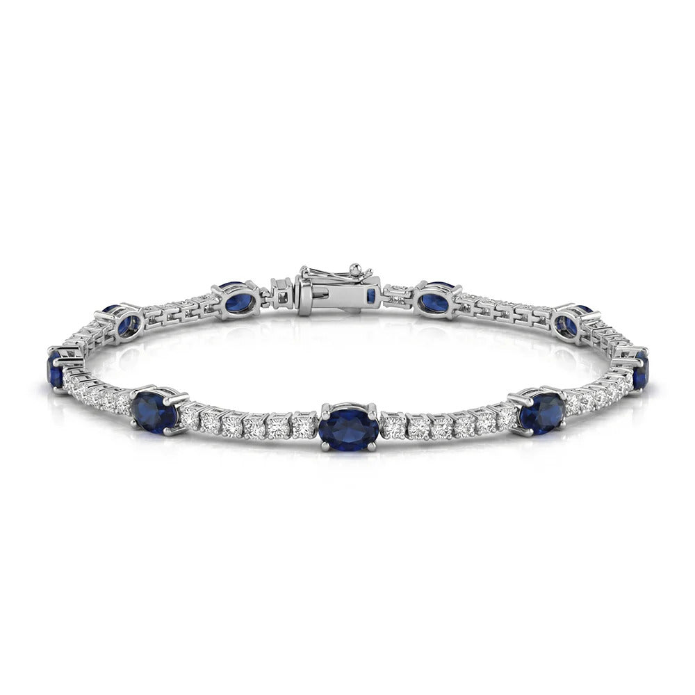 14k White Gold 3.71 Carat Natural Blue Sapphire Gemstone & Diamond Tennis Bracelet 7" Long