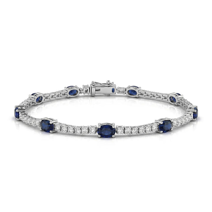 14k White Gold 3.71 Carat Natural Blue Sapphire Gemstone & Diamond Tennis Bracelet 7" Long