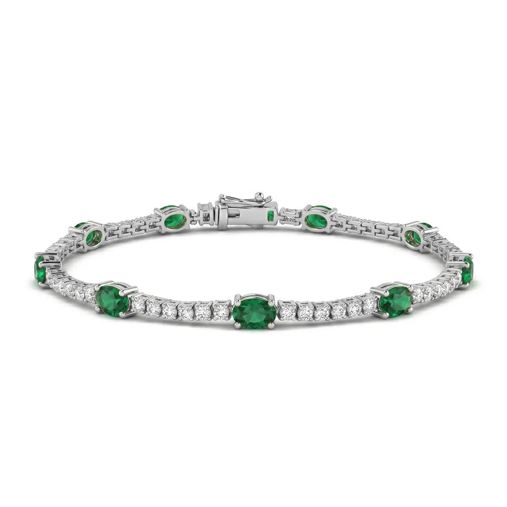 14k White Gold 3.03 Carat Natural Green Emerald Gemstone & Diamond Tennis Bracelet 7" Long