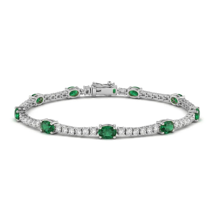 14k White Gold 3.03 Carat Natural Green Emerald Gemstone & Diamond Tennis Bracelet 7" Long