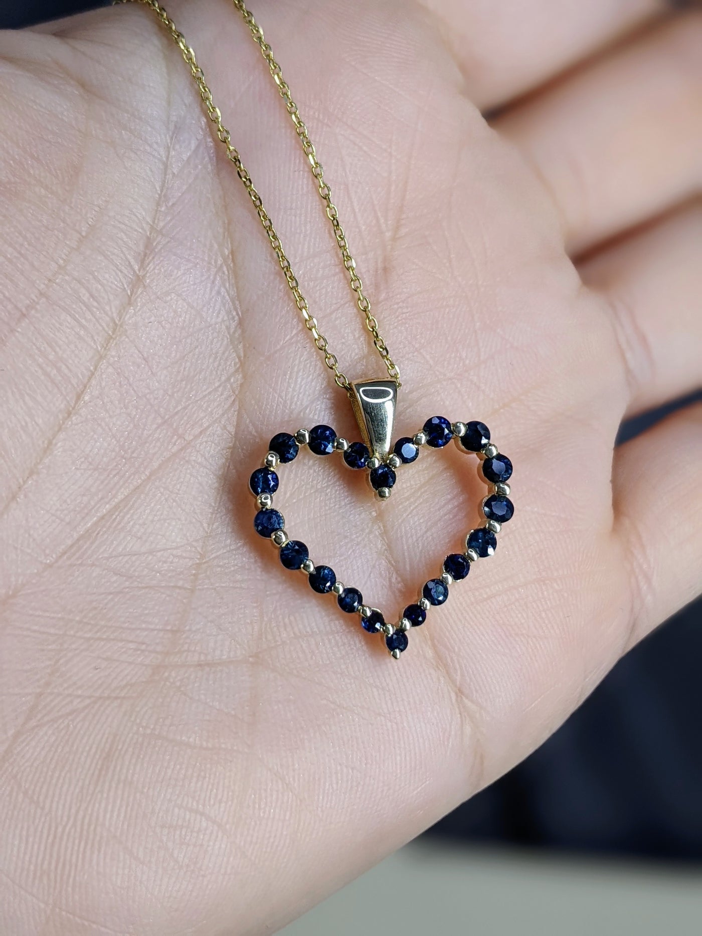Blue Sapphire Shared Prong 0.80 Carat Heart Pendant in Yellow, Rose and White Gold 16" Chain