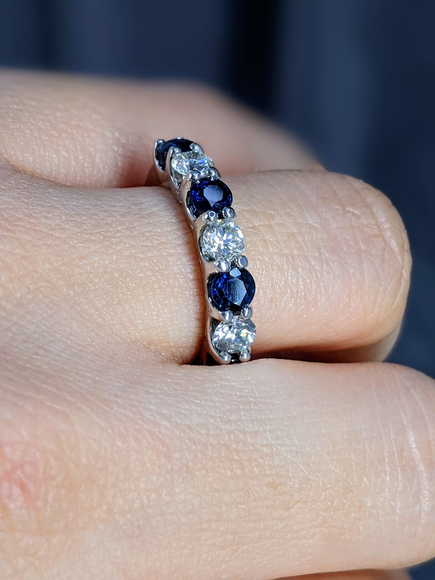 7 Stone 1.75 Ct. Tw. Round Cut Diamond and Natural Blue Sapphire Band