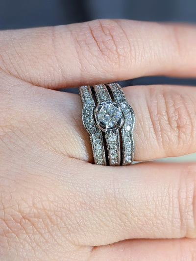 1.10 Carat Brilliant Round Diamond Antique Design Engagement Wedding Ring Set