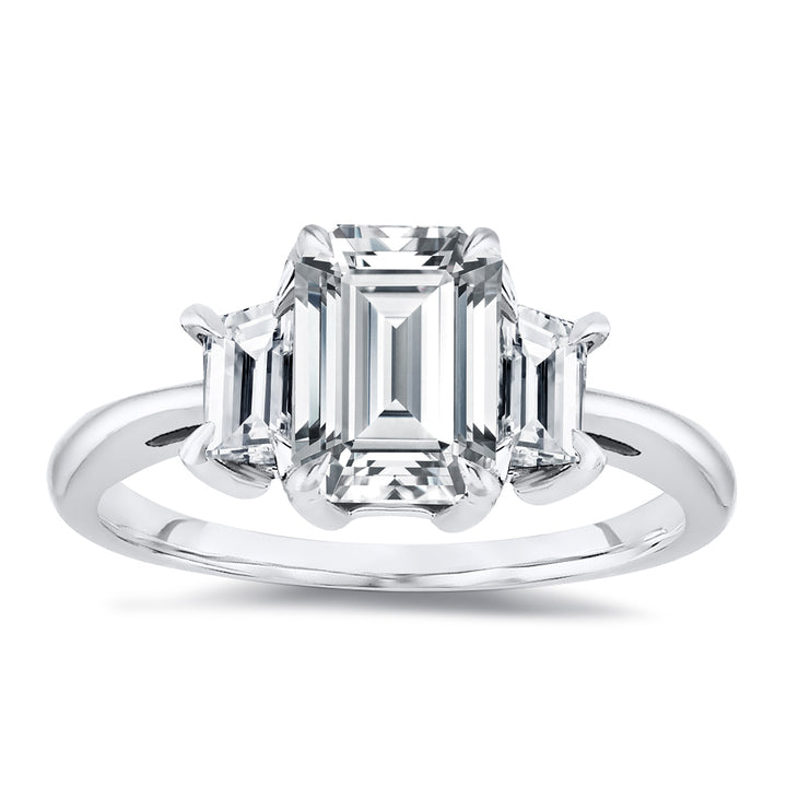 Three Stone Lab Grown Emerald Cut Diamond Engagement Ring IGI Certified