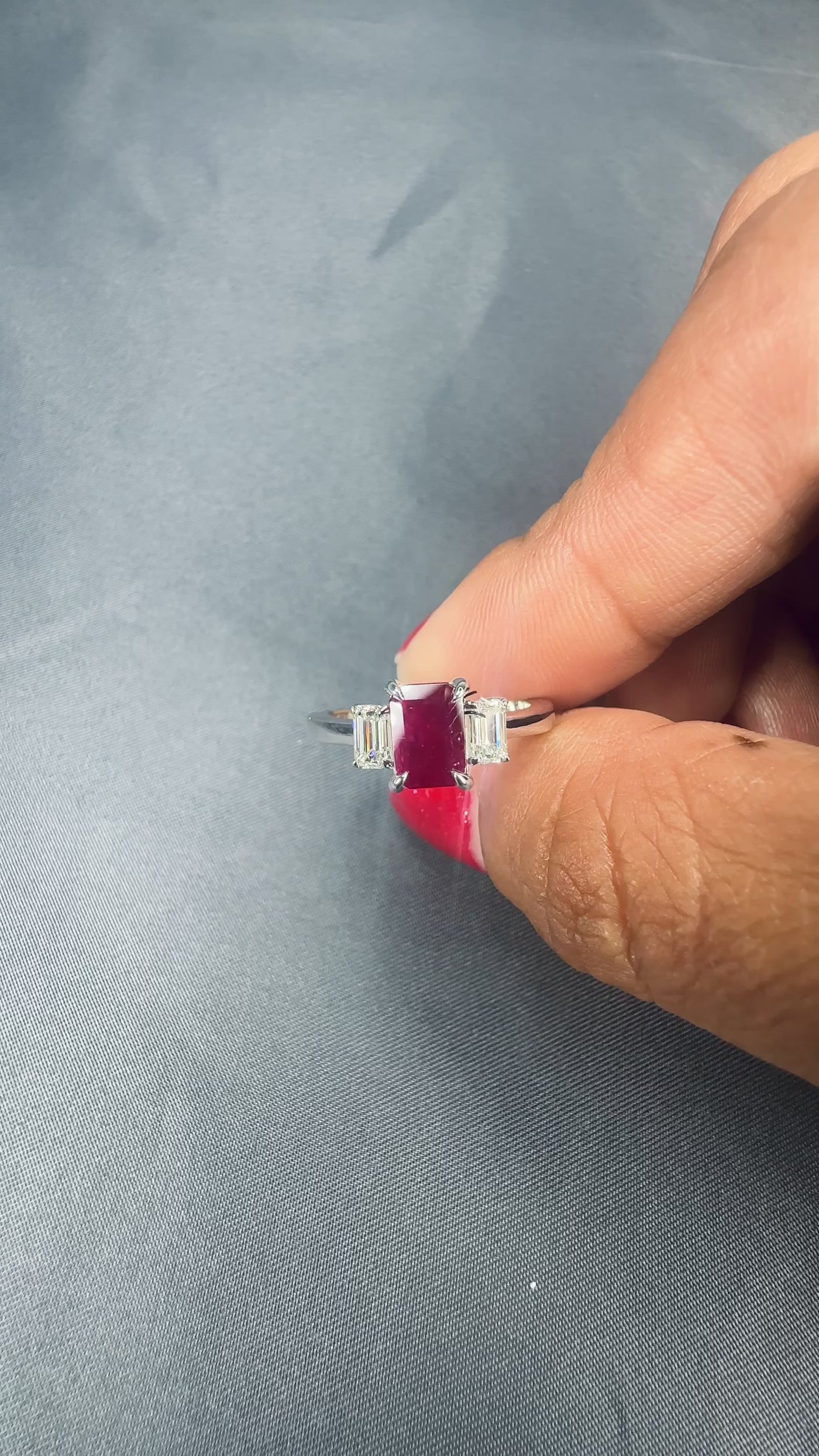 Three Stone Natural Ruby Emerald Cut 7x5MM with 0.50 Carat Emerald Cut Side Diamonds