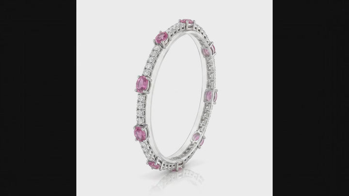 14k White Gold 3.19 Carat Natural Pink Sapphire Gemstone & Diamond Tennis Bracelet 7" Long
