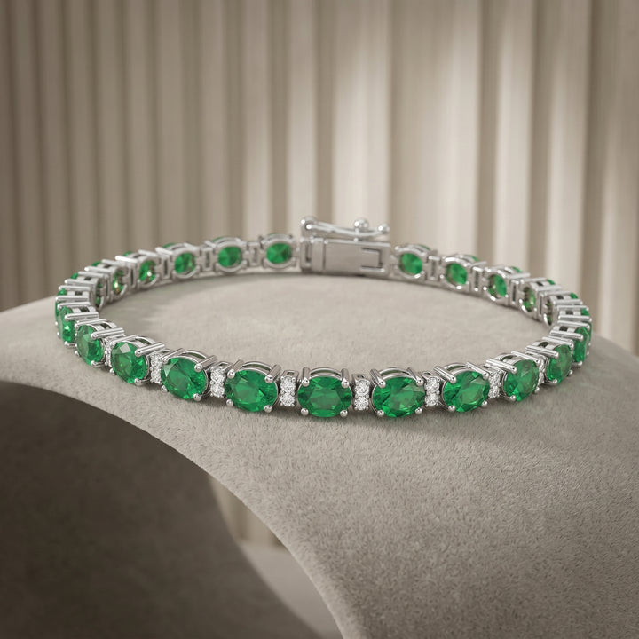 14kt White Gold 5.37 Carat Natural Emerald Gemstone & Diamond Tennis Bracelet 7" Long