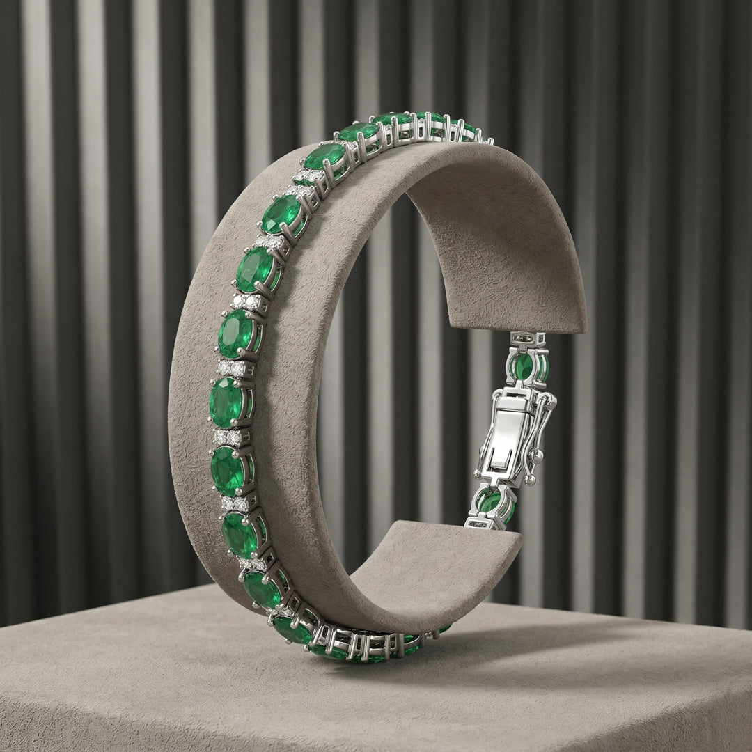 14kt White Gold 5.37 Carat Natural Emerald Gemstone & Diamond Tennis Bracelet 7" Long