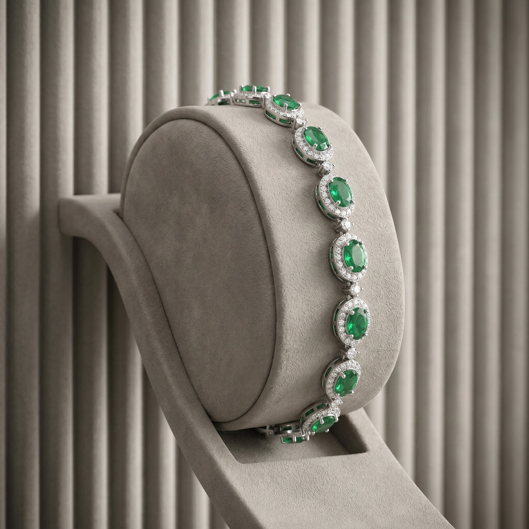 Natural Emerald Gemstone & Diamond Tennis Bracelet 4.82ct 14kt White Gold 7" Long