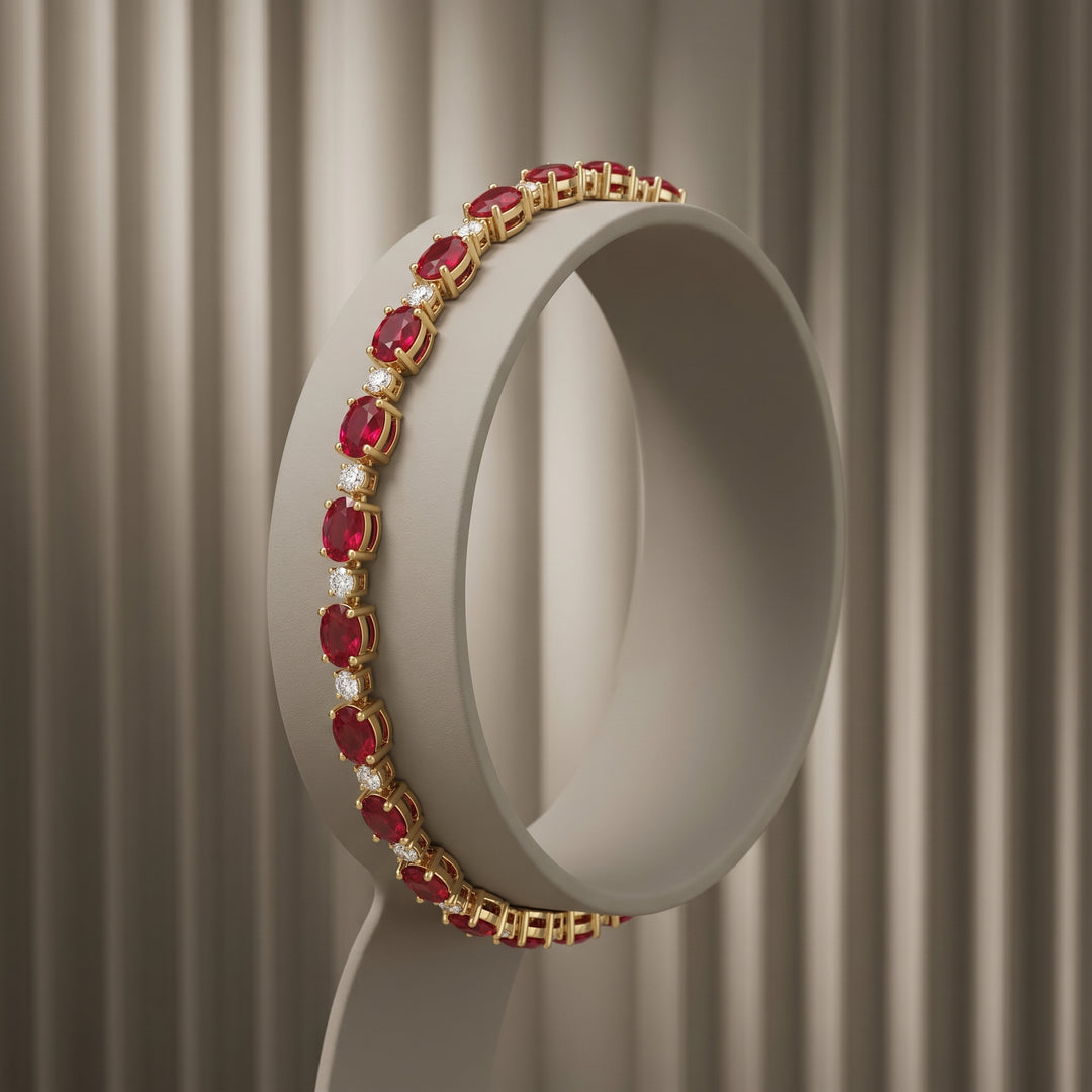 14k Yellow Gold 5.31 Carat Natural Ruby Gemstone & Diamond Tennis Bracelet 7" Long
