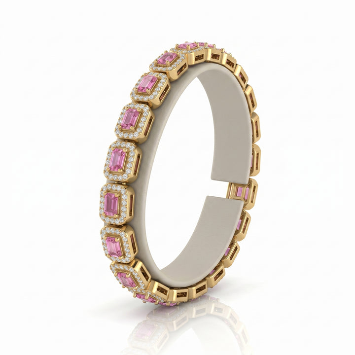 14k Yellow Gold 4.15 Carat Natural Pink Sapphire Gemstone & Diamond Tennis Bracelet 7" Long