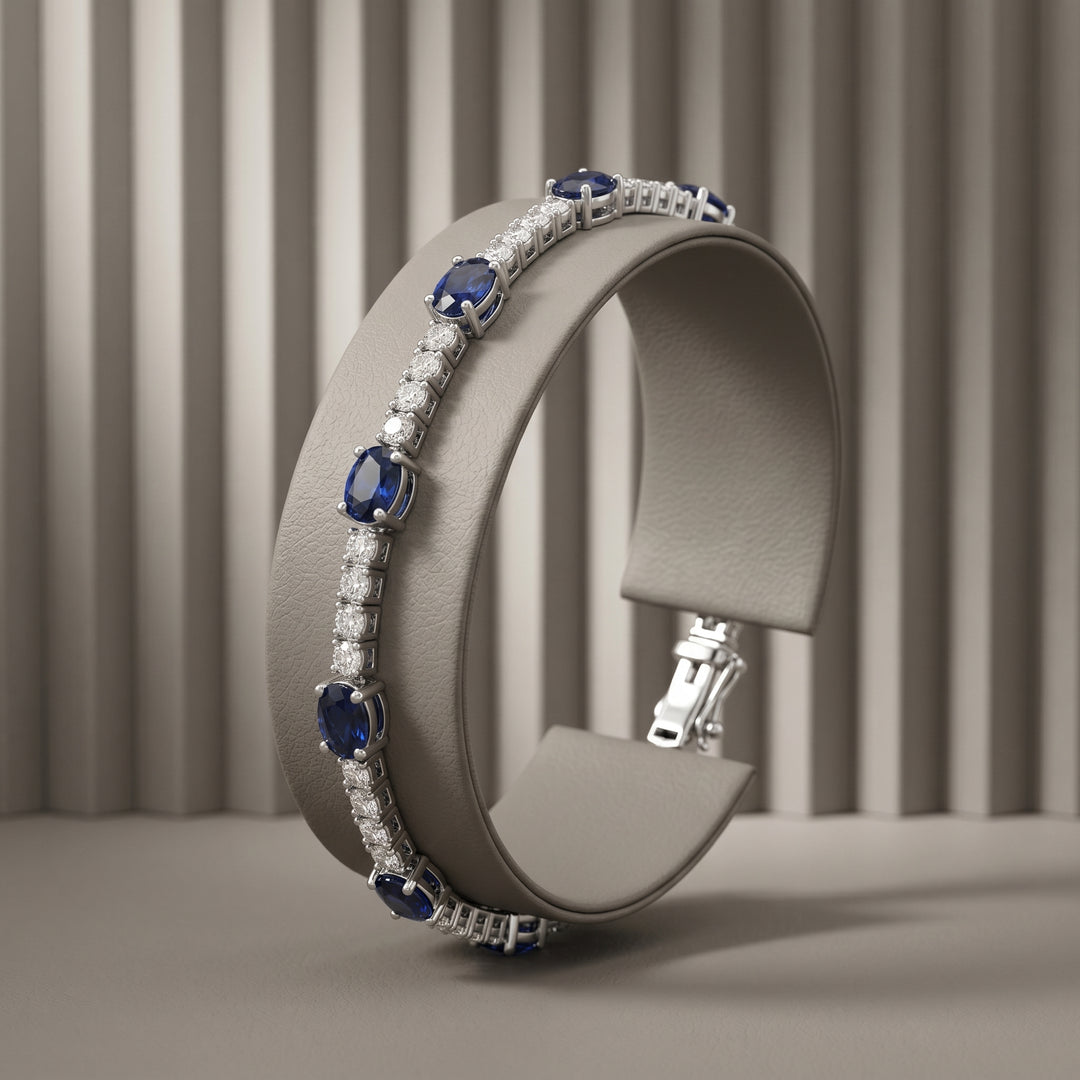 14k White Gold 3.71 Carat Natural Blue Sapphire Gemstone & Diamond Tennis Bracelet 7" Long
