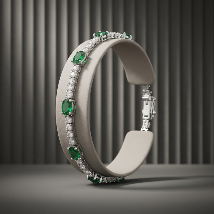 14k White Gold 3.03 Carat Natural Green Emerald Gemstone & Diamond Tennis Bracelet 7" Long