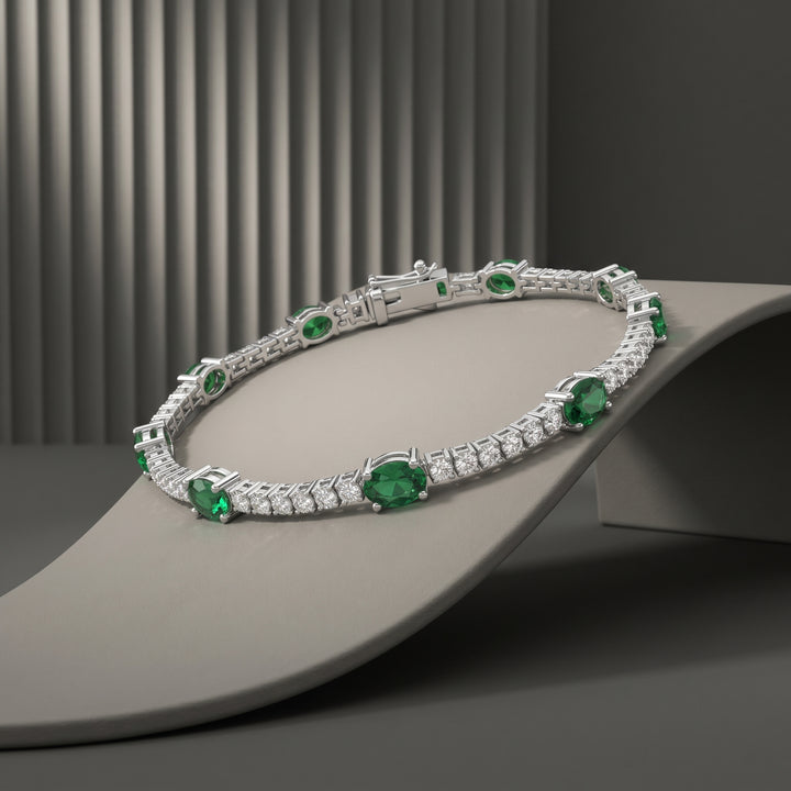 14k White Gold 3.03 Carat Natural Green Emerald Gemstone & Diamond Tennis Bracelet 7" Long