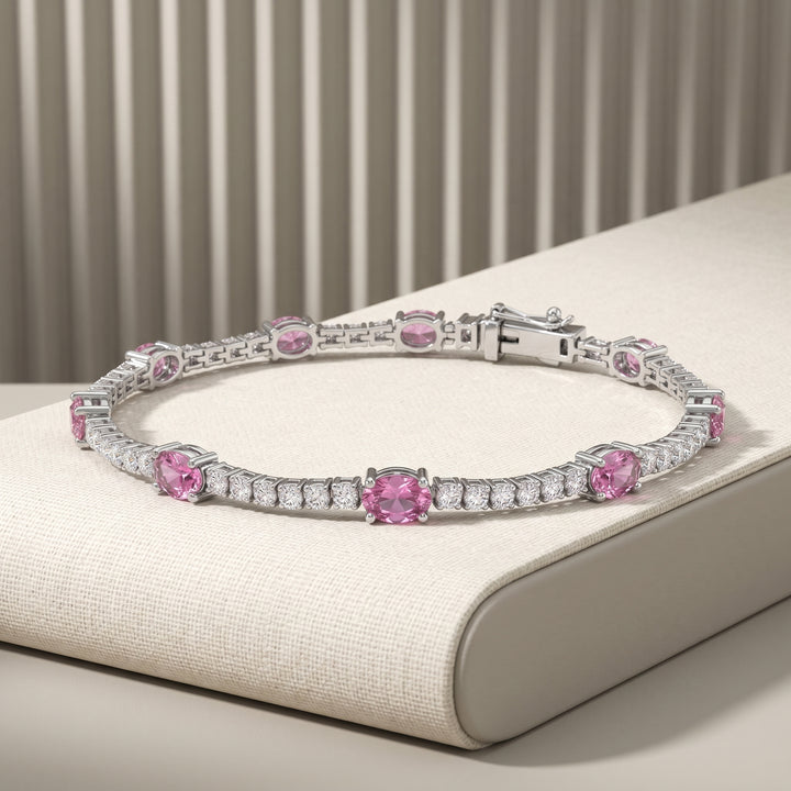 14k White Gold 3.19 Carat Natural Pink Sapphire Gemstone & Diamond Tennis Bracelet 7" Long