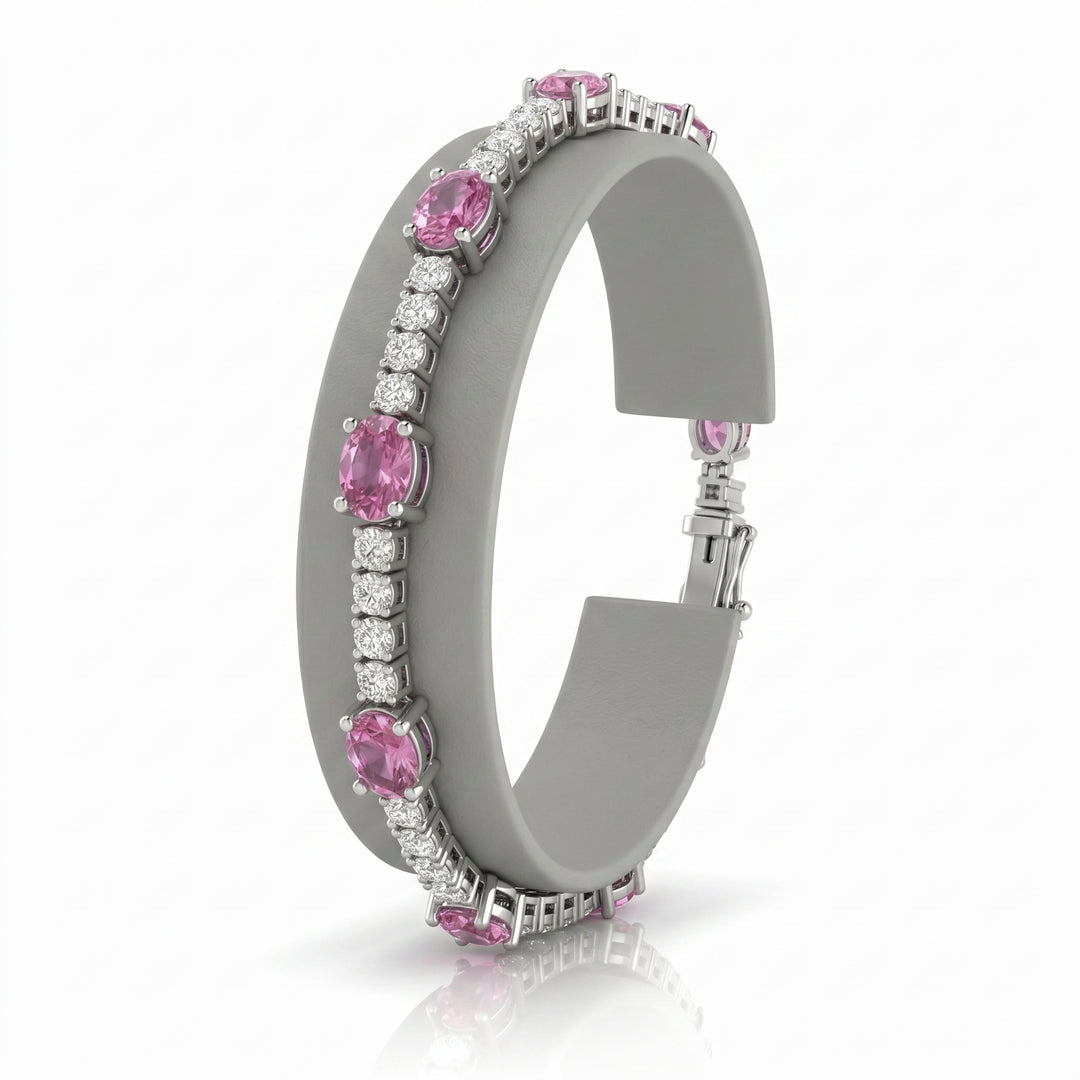 14k White Gold 3.19 Carat Natural Pink Sapphire Gemstone & Diamond Tennis Bracelet 7" Long