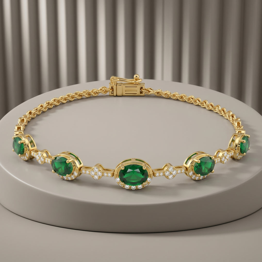 14k Yellow Gold 2.55 Carat Natural Diamond & Emerald Gemstone Bracelet 7.25" Long